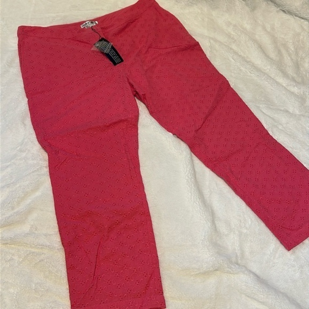 WinterSilks Sz 14 Pink Cotton Lined Eyelet Lace Lined Casual Cropped Pants New